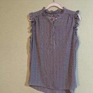 Loft Black and White Striped Flutter Sleeve Blouse